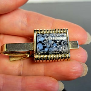 Gold Tone Tie Bar, Blue and Black Gemstone, Square Tie Pin, Something Blue, Men’s Morning Suit Accessory