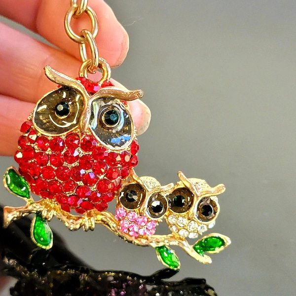 Red crystal Owl family keychain, Key chains for women,First car keychain, Ring for Girl, Gift Keychain, Key holder, Gold Bag Charm,
