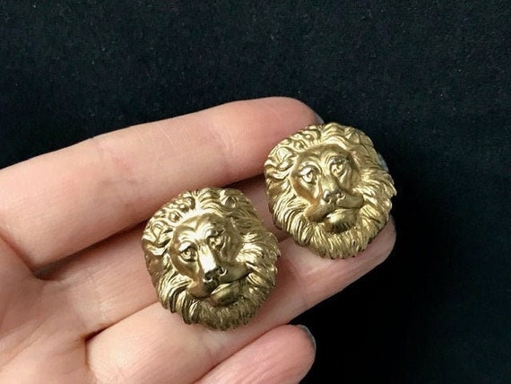 Large Gold Lion Face  clip on Screw-Back Earrings… - image 1