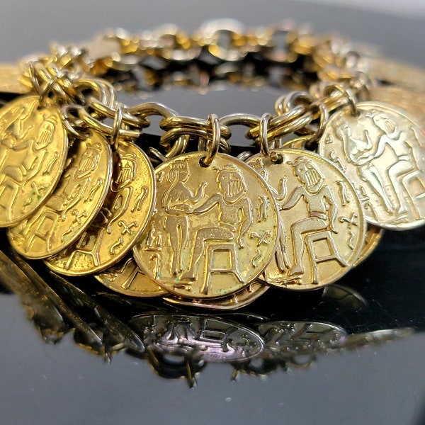 Vintage gold egyptian coin charm bracelet, egyptian revival jewelry, Medallion bracelet