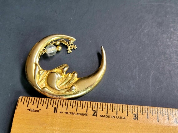 Large Gold face moon and pearl brooch,crescent mo… - image 9