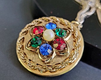 Vintage Gold-Tone Flower Locket Necklace, Multi-Color Zircon Chakra Pendant