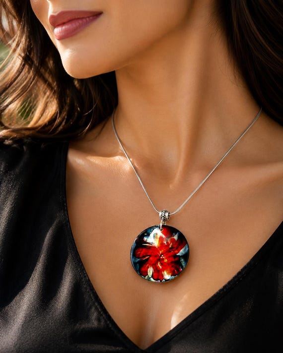 Abstract Sea Shell Pendant Necklace, Enamel Art, Stainless Steel Chain