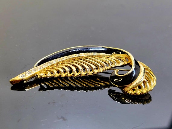 Vintage Gold and Black Enamel Feather Brooch,feat… - image 9
