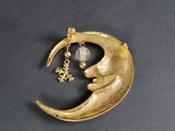 Large Gold face moon and pearl brooch,crescent mo… - image 7