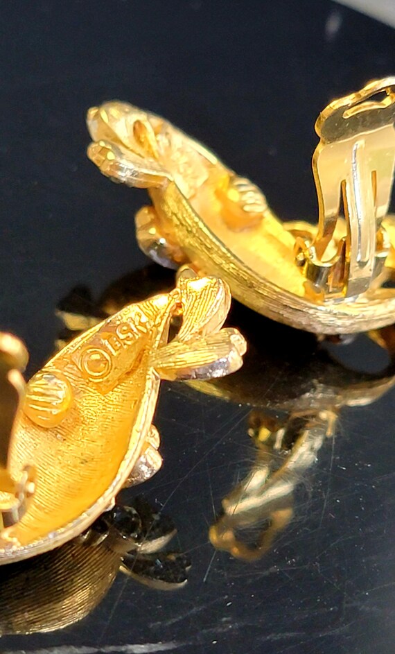 Antique BSK Gold Rhinestone clip-on earrings,desi… - image 7