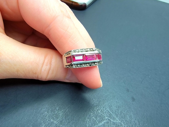 925 Sterling Silver Red Ruby Ring, Antique Rectan… - image 3