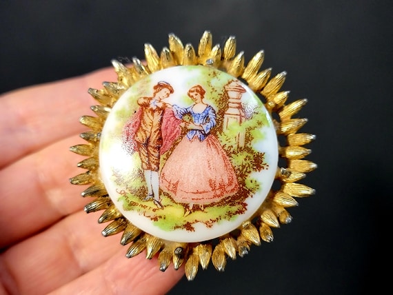 Gold porcelain Rococo jewelry, Pink Cameo Brooch … - image 2