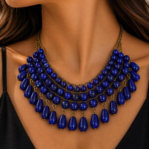 Halsband med pärlor i konstgjord lapis lazuli, vintage 90-talsstil