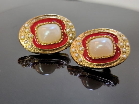 Oval Gold Red Cabochon Pearl Earrings,red and gol… - image 1