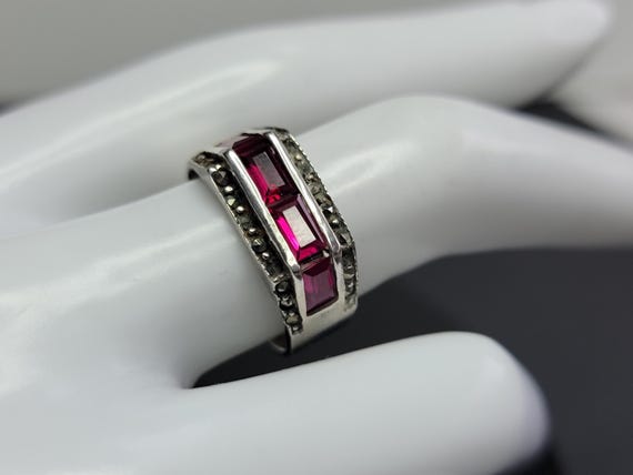 925 Sterling Silver Red Ruby Ring, Antique Rectan… - image 9