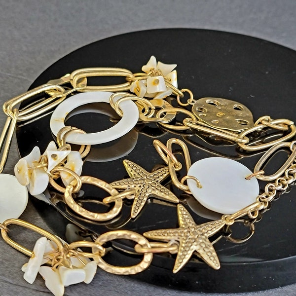Sea Shells Starfish Charm Gold Tone Necklace, Beonthesea jewelry, Seashell Necklace Starfish, Beachy Dainty Choker Necklace