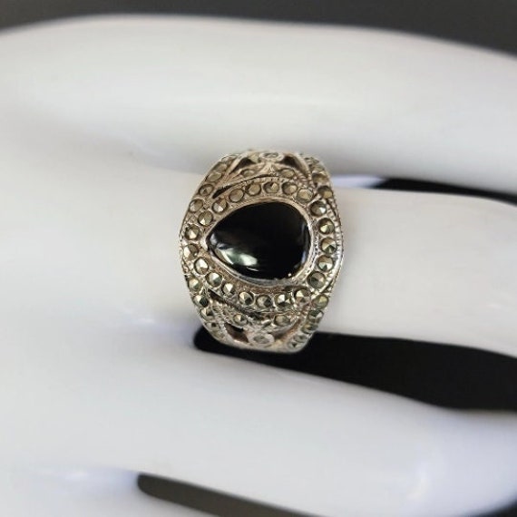 Wide black onyx sterling silver ring,silver black 