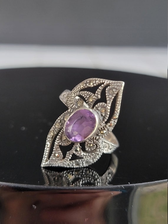 Chunky Amethyst Marcasite Sterling Silver Ring, La