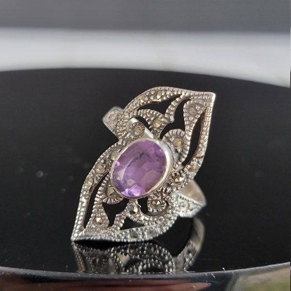 Chunky Amethyst Marcasite Sterling Silver Ring, Large Amethyst Ring, Marcasite marquise ring,SZ 8.5