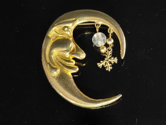 Large Gold face moon and pearl brooch,crescent mo… - image 1