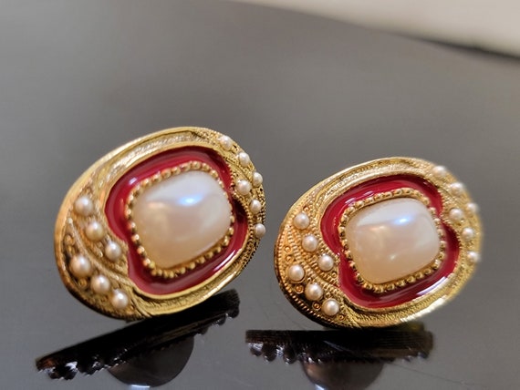 Oval Gold Red Cabochon Pearl Earrings,red and gol… - image 2