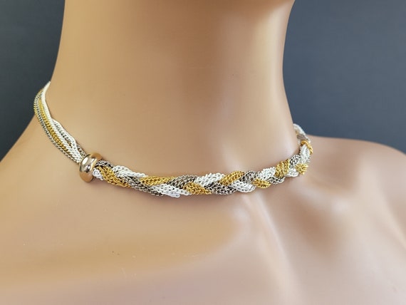 Mixed metal braided chain necklace, Tricolor chai… - image 8