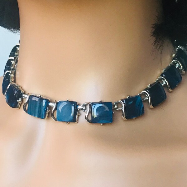 Blue Moonglow Lucite Station Coro Jewelry Necklace, Vintage silver tone signed coro choker necklace, 50th birthday gift for women