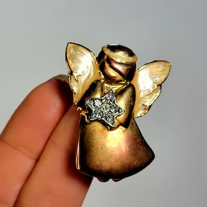 vintage small Christmas angel  crystal brooch, vintage angel pin,