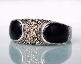 Anillo vintage de ónix negro y marcasita, plata de ley 925, talla 7