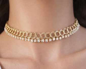 Retro Gold-Tone Crystal Choker Necklace, Vintage Tennis Chain