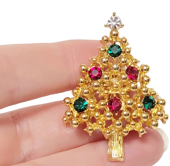 Red and Green rhinestones christmas tree pin, chr… - image 2