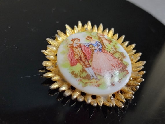 Gold porcelain Rococo jewelry, Pink Cameo Brooch … - image 6