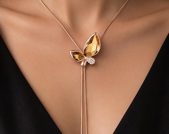 Gold Crystal Orchid Lariat Necklace, Rhinestone Pendant, Vintage Style