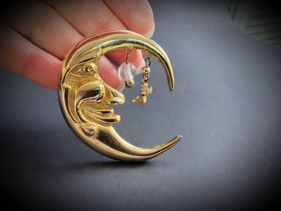 Large Gold face moon and pearl brooch,crescent mo… - image 2