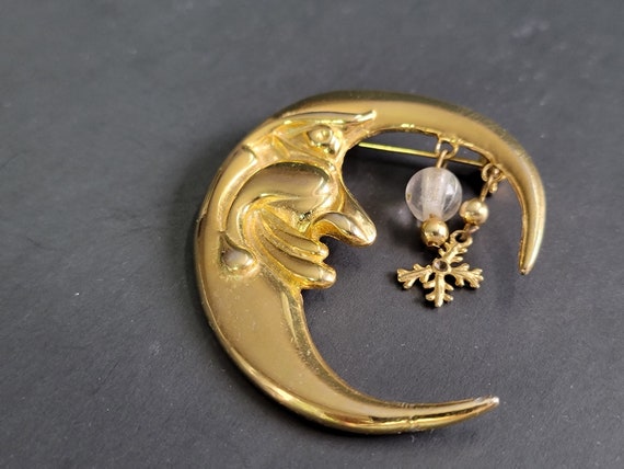 Large Gold face moon and pearl brooch,crescent mo… - image 5