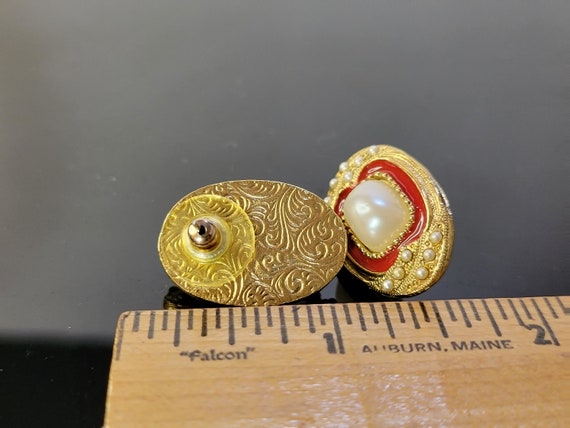 Oval Gold Red Cabochon Pearl Earrings,red and gol… - image 3