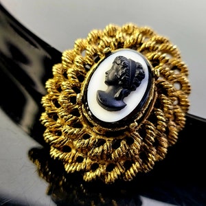 Small bronze framing antique black lucite cameo brooch,cameo brooch vintage,