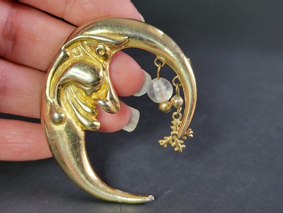 Large Gold face moon and pearl brooch,crescent mo… - image 6