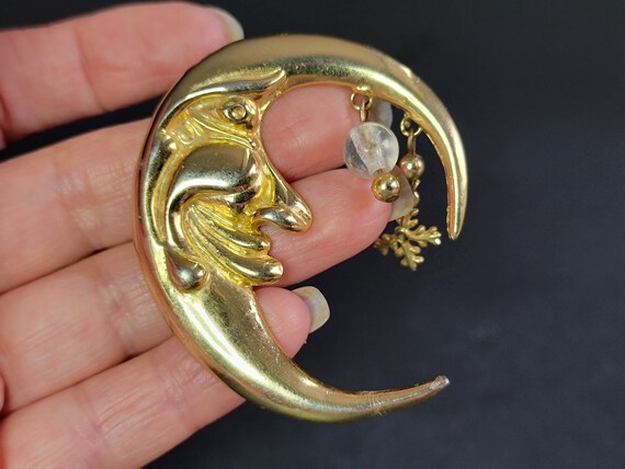 Large Gold face moon and pearl brooch,crescent mo… - image 3