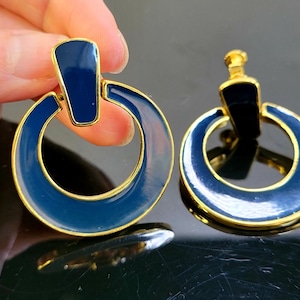 Napier navy enamel door knocker screw back earrings, Door knocker hoop earrings,Large door knocker earrings with name, Huggie earrings gold