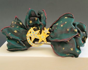 Fermaglio per capelli vintage con nastro verde, fermaglio per capelli con stella e luna dorata, prodotto in Francia