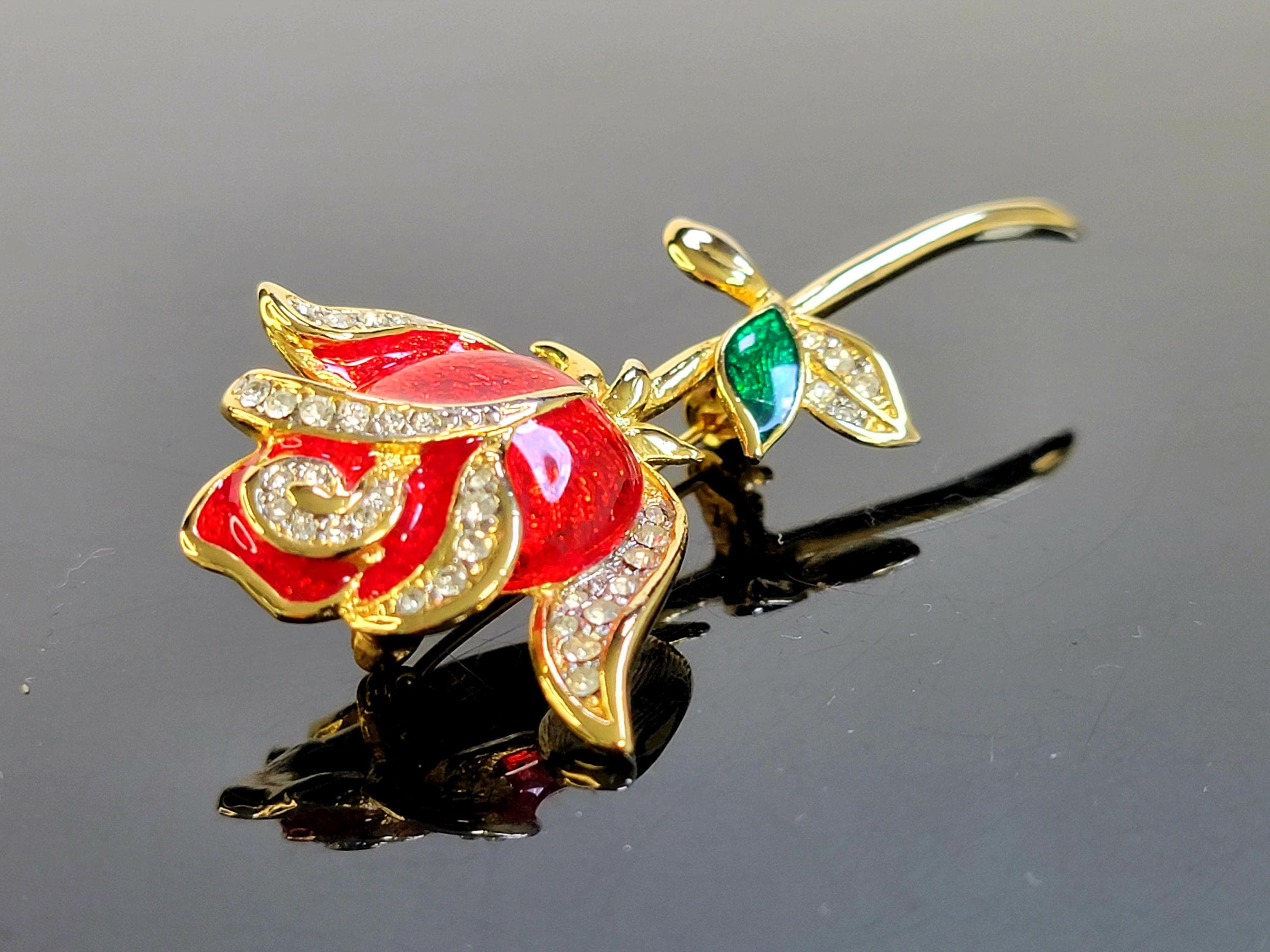 ♡Bel♡ Vintage BJL Red Enamel Rose Brooch – Art Deco Rhinestone Flower