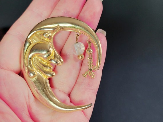Large Gold face moon and pearl brooch,crescent mo… - image 8