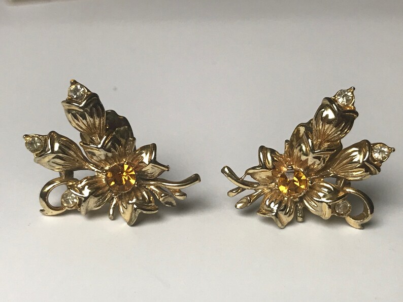 Vintage Gold Flower Citrine Earring Studs Leaves Branch Clip On Climbing Clip On Earrings Crawler Clip On Earrings Wedding Bride