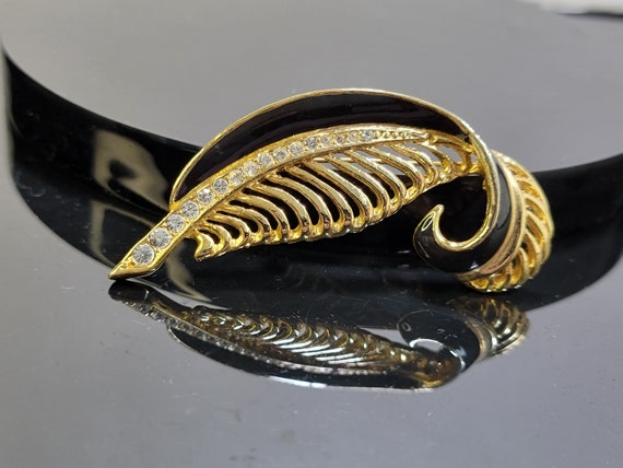 Vintage Gold and Black Enamel Feather Brooch,feat… - image 5