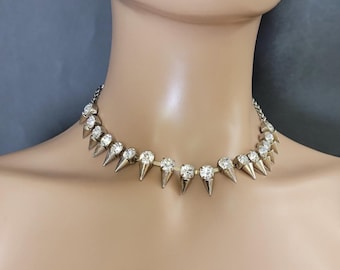 Women’s Crystal Tennis Goth Spiked Choker Necklace, Vintage Rhinestone Zircon Choker, 1960s 1970s Hippie Jewelry