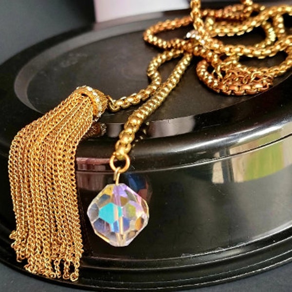 Aurora borealis tassel lariat long necklace,aurora borealis necklace,lariat chain necklace beaded,lariat long tassel fringe necklace vintage