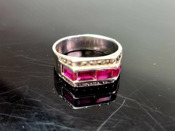 925 Sterling Silver Red Ruby Ring, Antique Rectan… - image 4