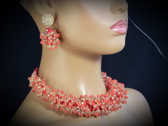 Coral 3 AB crystal matching jewelry set,matching … - image 1