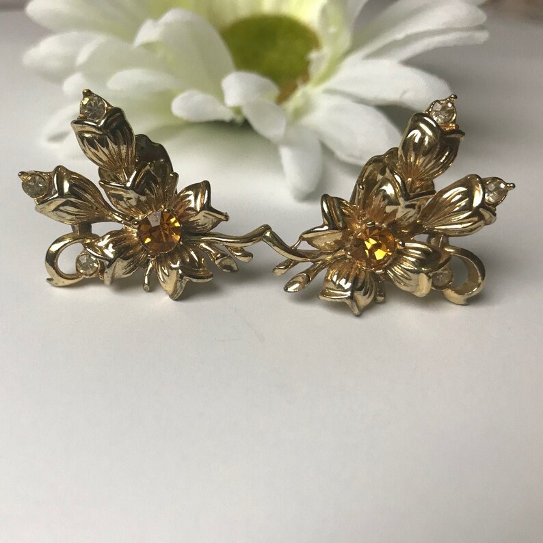 Vintage Gold Flower Citrine Earring Studs Leaves Branch Clip On Climbing Clip On Earrings Crawler Clip On Earrings Wedding Bride