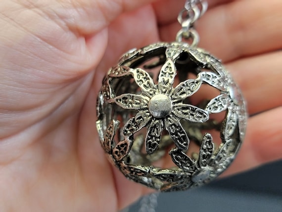 Silver large flower pendant long chain necklace, … - image 1