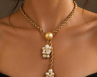Naszyjnik z frędzlami i perłami w stylu vintage: złoty łańcuszek bizantyjski z lat 50. XX wieku
