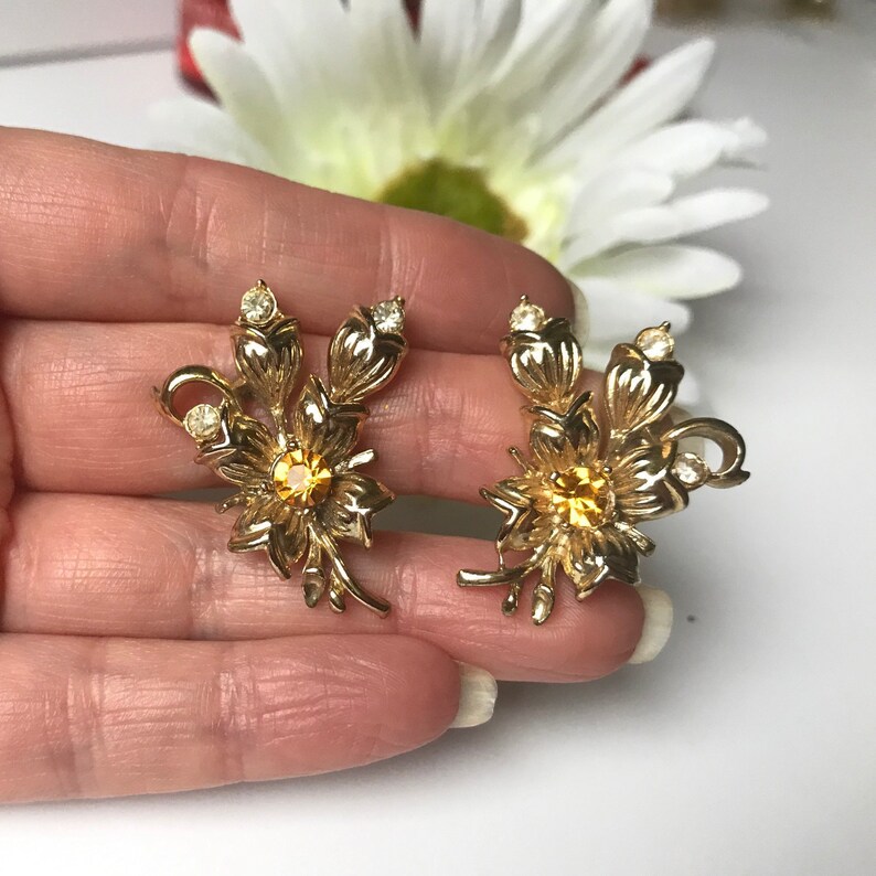 Vintage Gold Flower Citrine Earring Studs Leaves Branch Clip On Climbing Clip On Earrings Crawler Clip On Earrings Wedding Bride