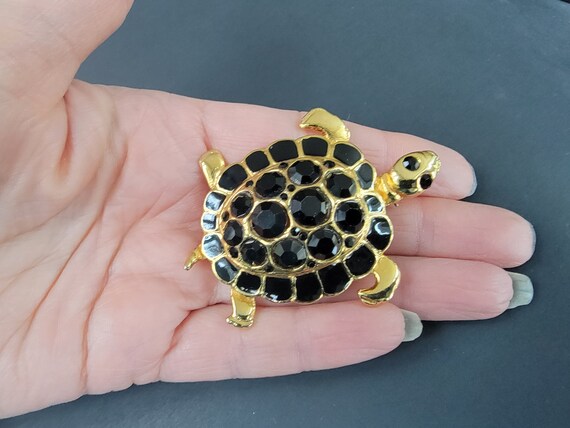 Large Onyx crystal sparkling Turtle Figural Brooc… - image 8